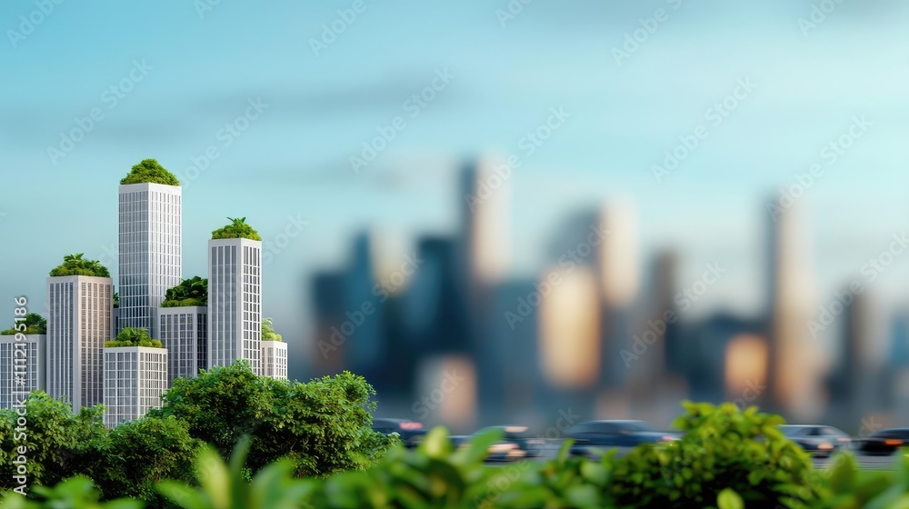 Fototapeta premium Green skyscrapers surrounded by modern cityscape with blurred background.
