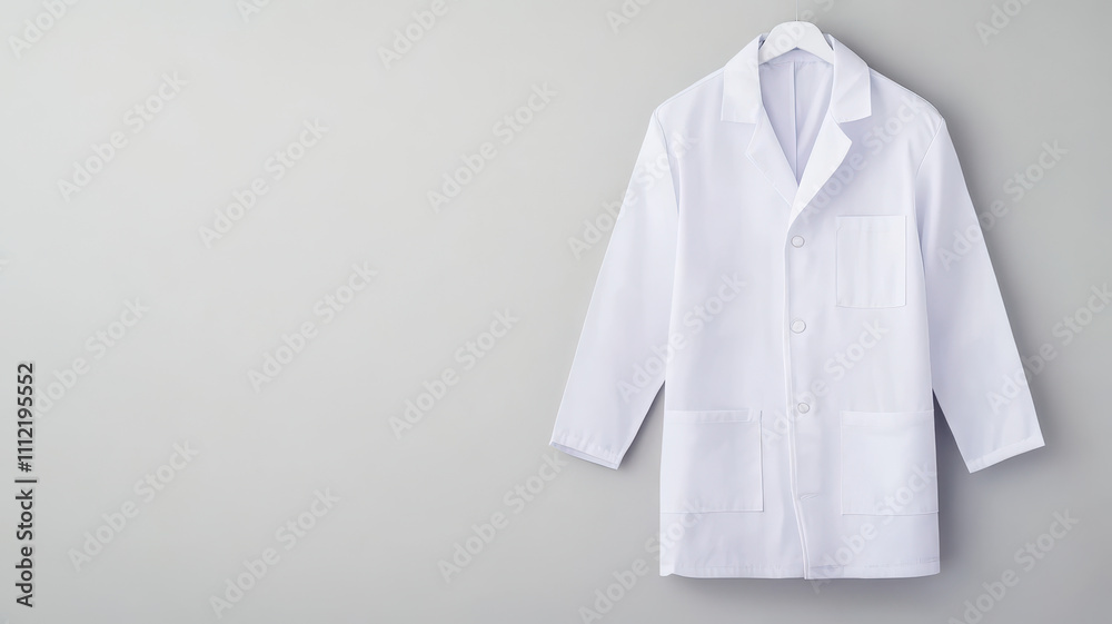 white lab coat hanging neatly on solid light gray wall, symbolizing professionalism and cleanliness in medical or scientific environment white lab coat hanging neatly on solid light gray wall, symbolizing professionalism and cleanliness in medical or scientific environment