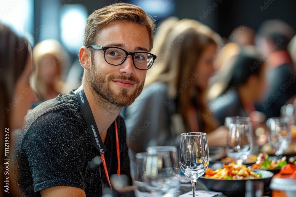 Young businessman enjoying lunch break during corporate event, smiling and looking satisfied Young businessman enjoying lunch break during corporate event, smiling and looking satisfied