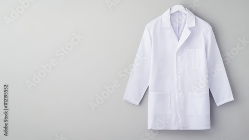 white lab coat hanging neatly on solid light gray wall, symbolizing professionalism and cleanliness in medical or scientific environment