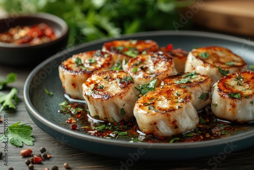 Pan fried dumplings served on a dark plate with spicy sauce and herbs