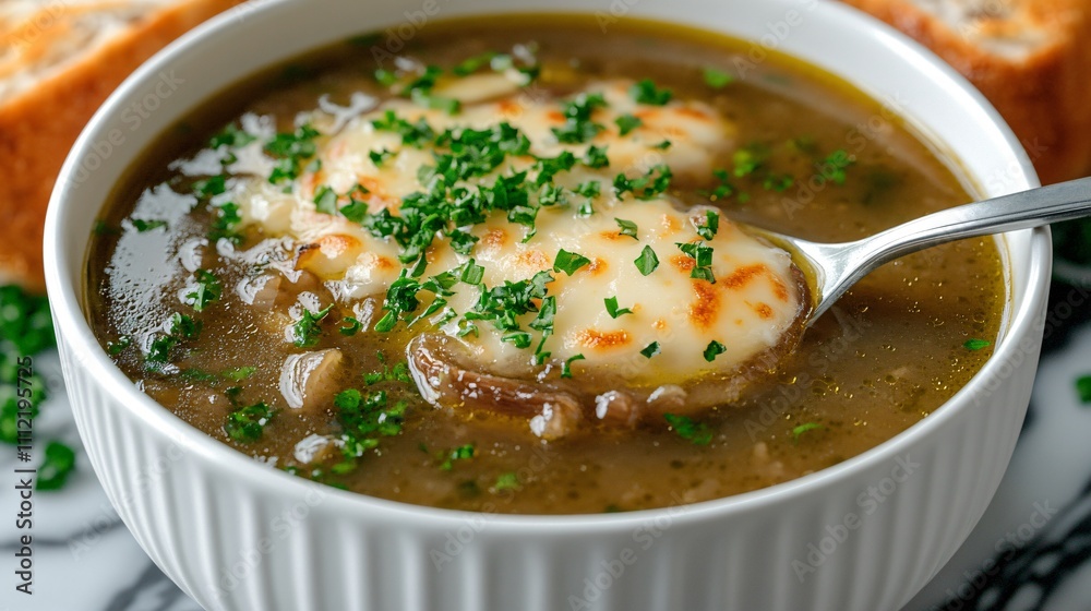 A bowl of soup topped with cheese and herbs, accompanied by toasted bread. A bowl of soup topped with cheese and herbs, accompanied by toasted bread.