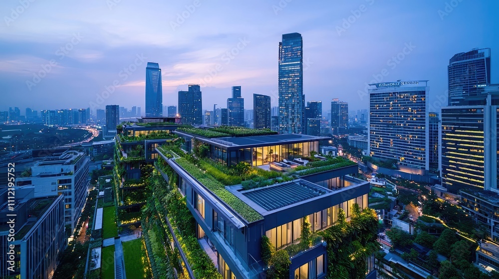 Modern urban skyline at twilight with green rooftop gardens. Modern urban skyline at twilight with green rooftop gardens.