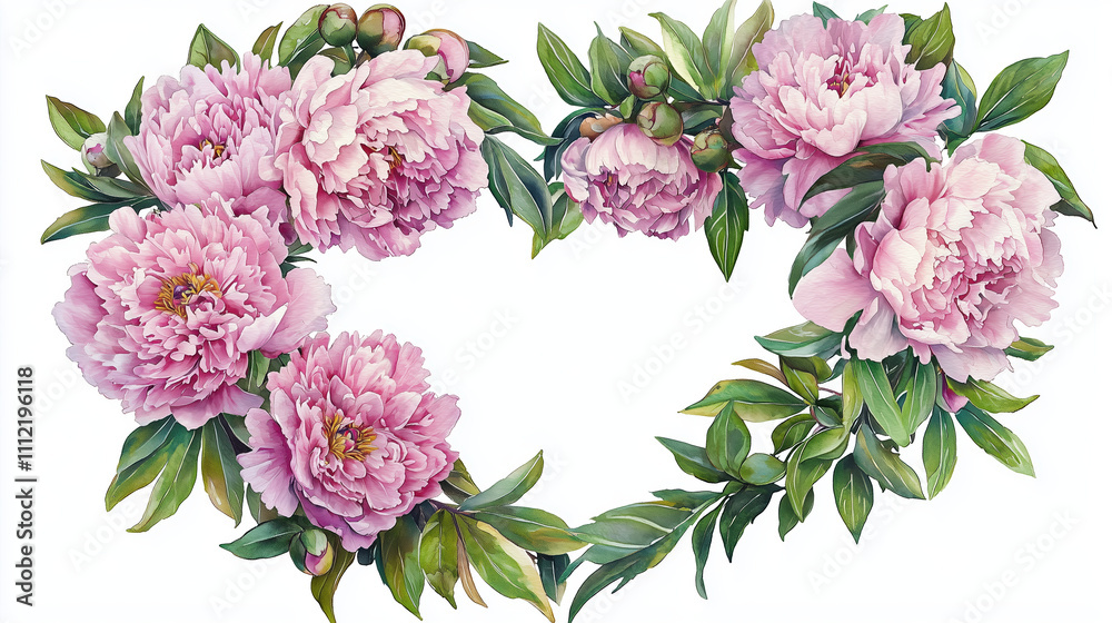 Romantic Watercolor Illustration of a Heart Wreath with Pink Peonies and Green Leaves, Ideal for Adding Your Own Text Romantic Watercolor Illustration of a Heart Wreath with Pink Peonies and Green Leaves, Ideal for Adding Your Own Text