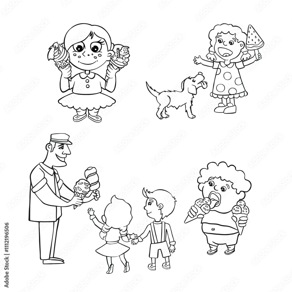 Happy children and dog playing with ice cream illustration Happy children and dog playing with ice cream illustration