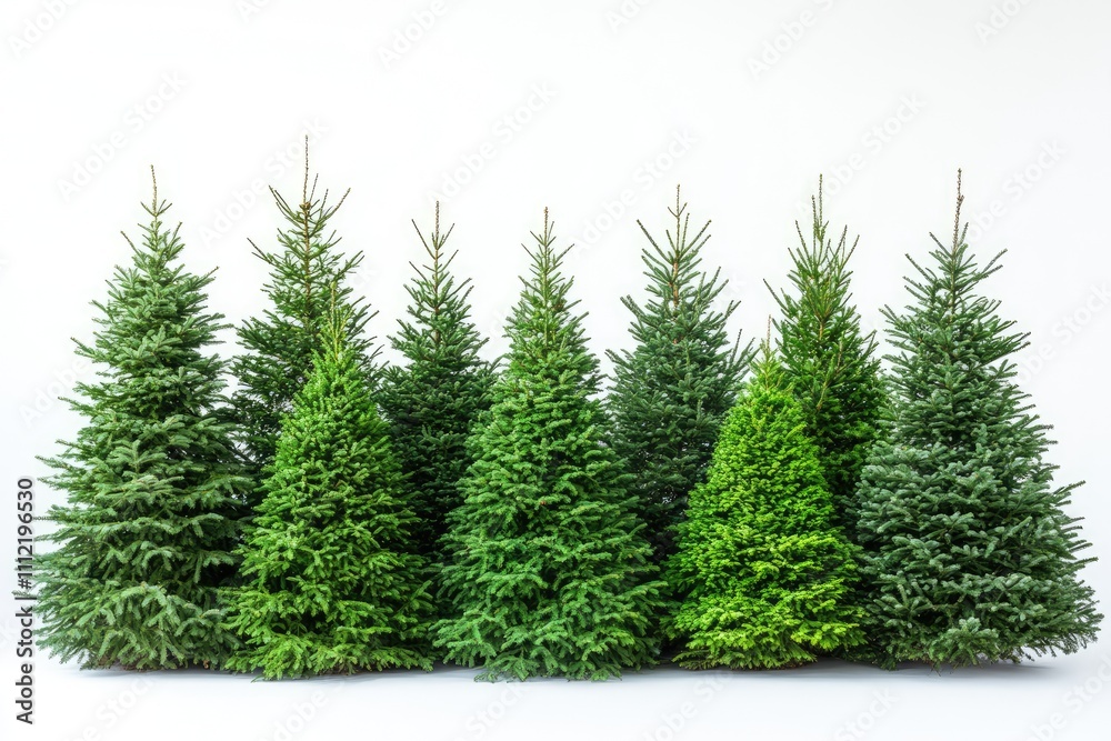 Fototapeta premium Christmas trees standing in a row on white background