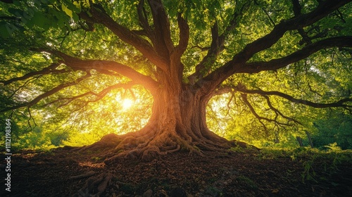Majestic old tree standing tall with sunlight filtering through its branches