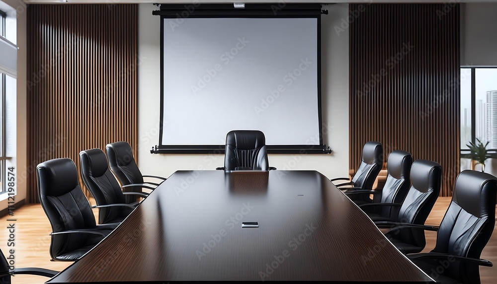Executive Conference Room: Modern boardroom ready for a meeting, featuring a large projection screen, polished dark wood table, and luxurious black leather chairs. Executive Conference Room: Modern boardroom ready for a meeting, featuring a large projection screen, polished dark wood table, and luxurious black leather chairs.