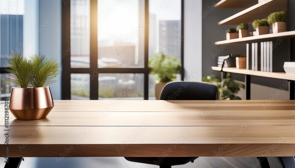 Modern Office Desk Workspace: Sunlight streams through large windows illuminating a minimalist, stylish workspace with a wooden desk, copper pot plant, and sleek shelving. Modern Office Desk Workspace: Sunlight streams through large windows illuminating a minimalist, stylish workspace with a wooden desk, copper pot plant, and sleek shelving.