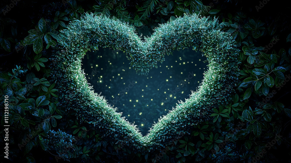 magical forest canopy resembling glowing heart, surrounded by lush greenery and twinkling lights, creates serene and enchanting atmosphere magical forest canopy resembling glowing heart, surrounded by lush greenery and twinkling lights, creates serene and enchanting atmosphere
