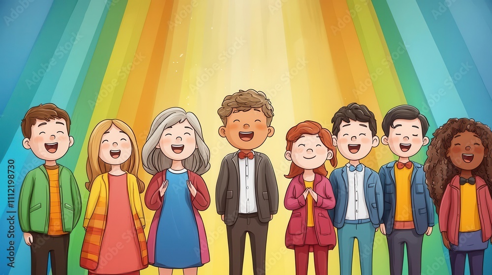Obraz premium Animated depiction of a multicultural choir singing in harmony, vibrant church details, 4K cartoon animation style