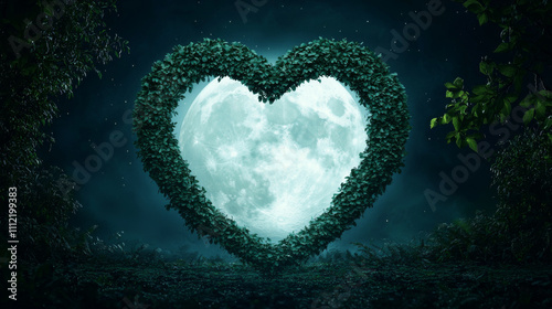glowing full moon framed by lush green foliage in heart shape creates magical atmosphere. This enchanting scene evokes feelings of love and tranquility under night sky