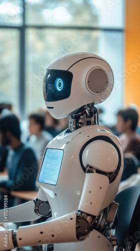 Humanoid robot professor teaching in modern college classroom