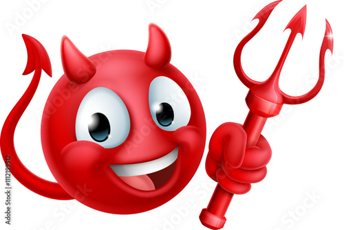 A red devil or satan emoji emoticon man face holding a trident, pitchfork or pitch fork cartoon icon mascot.