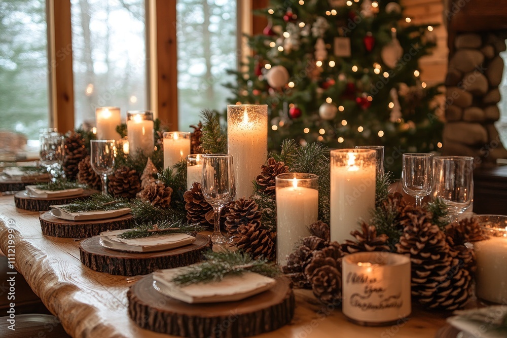 Christmas table setting with burning candles and pine cones decoration Christmas table setting with burning candles and pine cones decoration