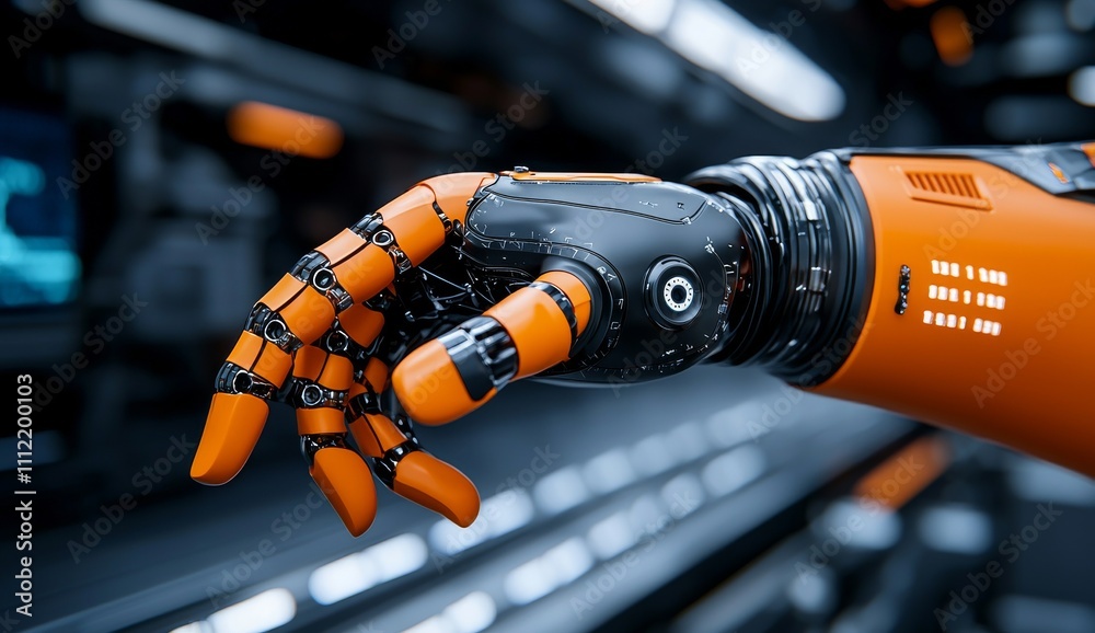 Naklejka premium Industrial machine with automatic robotic arm, modern smart factory automation, Industrial 4.0 manufacturing, and stock.