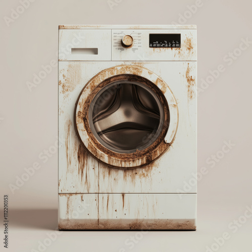 Dirty and aged washing machine with visible stains and wear in indoor setting