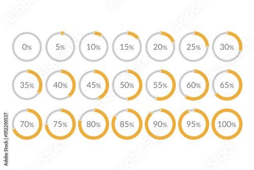 5 10 15 20 25 30 35 40 45 50 55 60 65 70 75 80 85 90 95 100 percent isolated pie chart. Vector infographic gradient icon set for business, finance, web design, download, progress