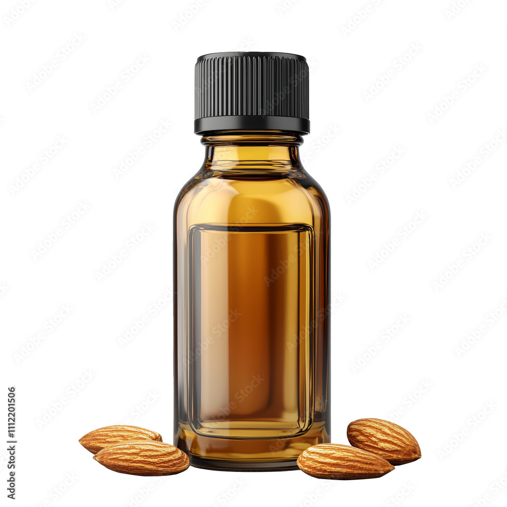 glass bottle with almond oil , isolated on a transparent background glass bottle with almond oil , isolated on a transparent background