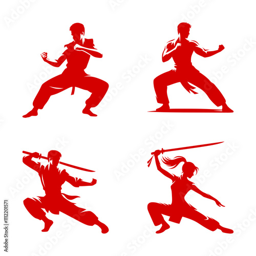 vector set of wushu athlete silhouette icon (artwork 1)