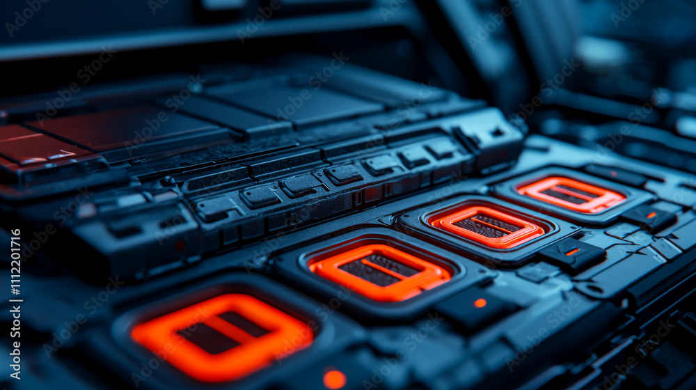 Battery replacement with performance concept. Close-up of futuristic technology with glowing orange elements.