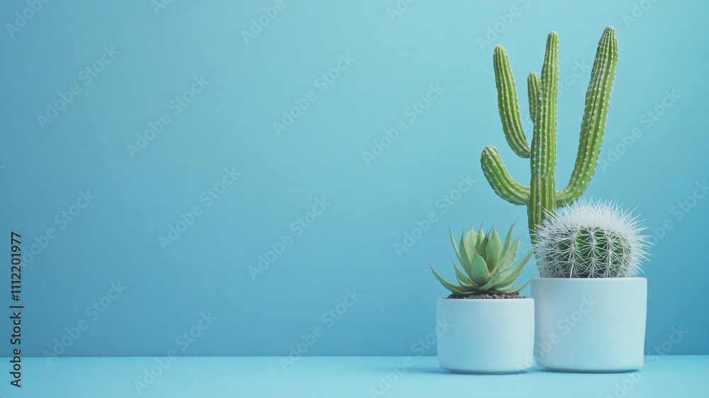 white frame mockup with cacti in pots on a blue background white frame mockup with cacti in pots on a blue background