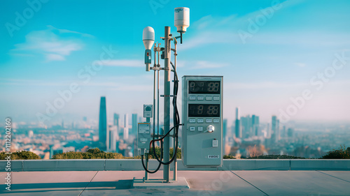 Air quality monitoring station in urban environment, measuring pollution levels to ensure public health and environmental safety.