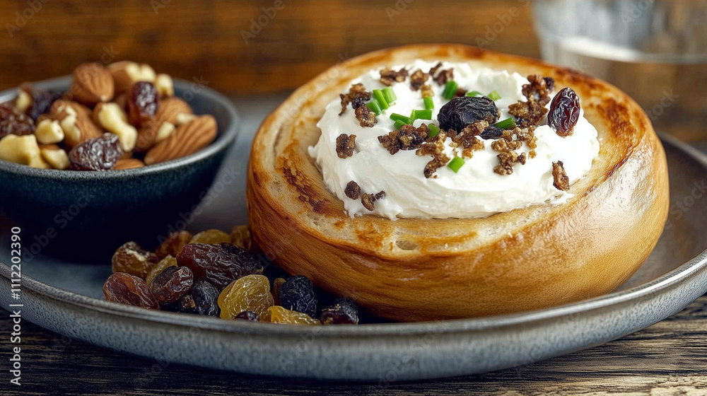 A bagel board with a bowl of cream cheese, and a few scattered chives on a neutral-toned background, for morning and brunch, Generative AI A bagel board with a bowl of cream cheese, and a few scattered chives on a neutral-toned background, for morning and brunch, Generative AI