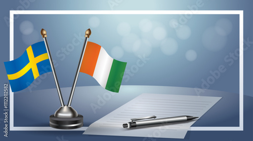 Sweden and Cote D'Ivoire Small national flag on bokeh background, cooperative relationship