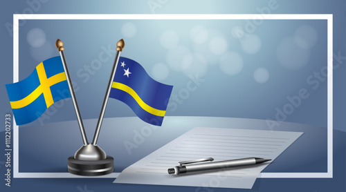 Sweden and Curacao Small national flag on bokeh background, cooperative relationship