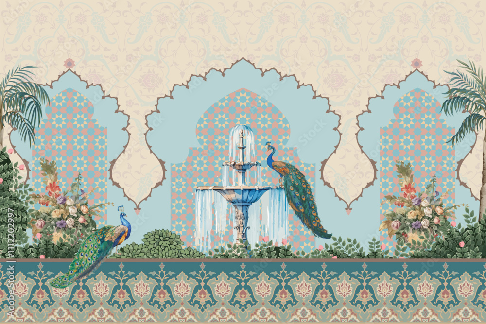 Chinoiserie inspired seamless pattern featuring peacocks, birds, a palace, and a Moroccan garden