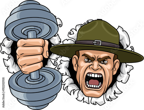 An angry drill instructor or sergeant bootcamp army soldier personal trainer cartoon character holding weight lifting dumbbell sports team gym mascot illustration.