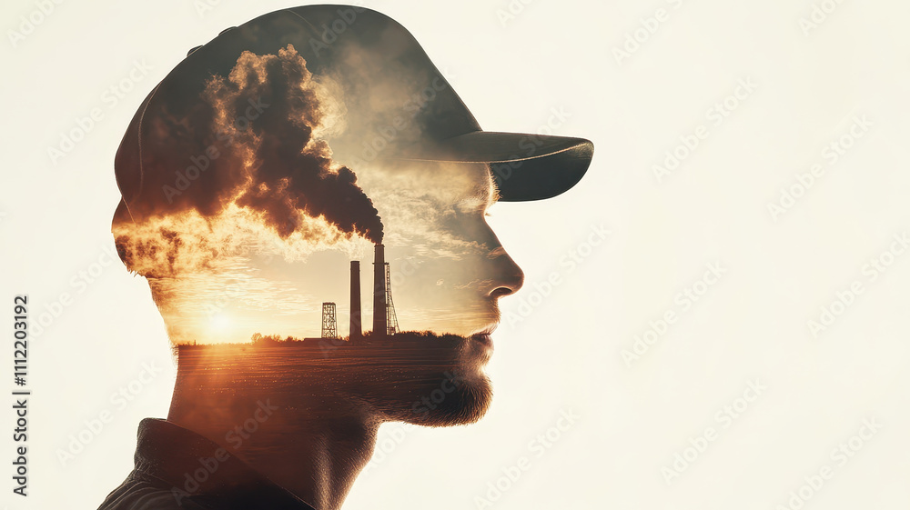 double exposure image showing man profile with industrial smoke and sunset. contrast highlights impact of industry on nature double exposure image showing man profile with industrial smoke and sunset. contrast highlights impact of industry on nature