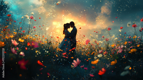 Couple embraces amid vibrant flowers at sunset in a picturesque outdoor setting. Generative AI