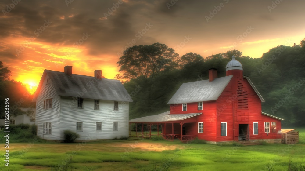 Sunset Over Rural Farmhouses White And Red Buildings Sunset Over Rural Farmhouses White And Red Buildings