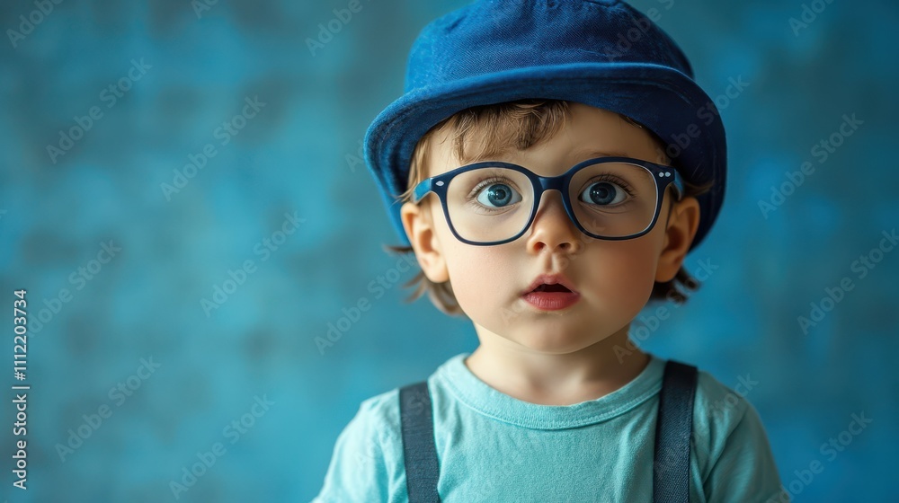 A little boy with a blue hat and glasses. A little boy with a blue hat and glasses.