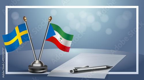 Sweden and Equatorial Guinea Small national flag on bokeh background, cooperative relationship