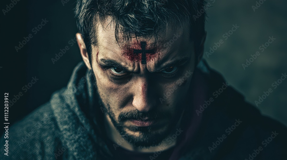 A man with the mark of the beast on his forehead. 666 the number of the beast. Biblical prophecy where no man or woman can buy or sell if they don't have the mark of the beast embedded in the forehead