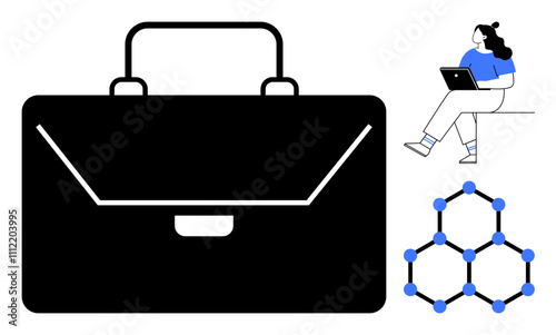 Business briefcase, person working remotely on laptop, and a molecular structure. Ideal for business, remote work, technology, education, chemistry, research, and office environments. Line metaphor