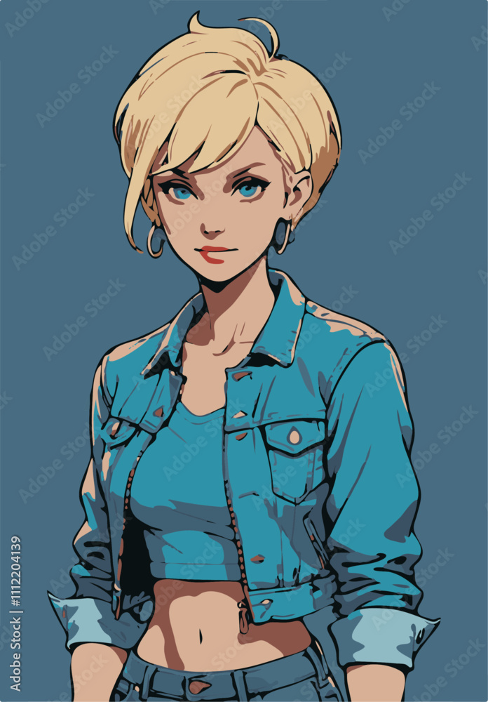 A beautiful, athletic blond woman with a pixie hairstyle She wears a turquoise cropped tee, a denim jacket, and tight blue jeans, vector portrait illustration of a woman A beautiful, athletic blond woman with a pixie hairstyle She wears a turquoise cropped tee, a denim jacket, and tight blue jeans, vector portrait illustration of a woman