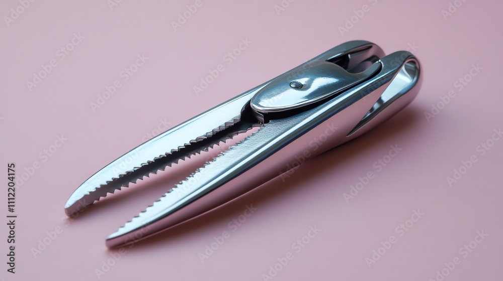 A silver crab cracker tool on a pink background. A silver crab cracker tool on a pink background.