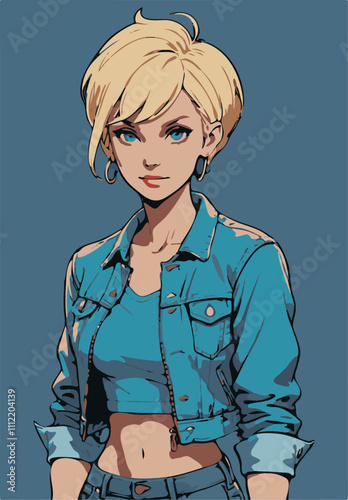 A beautiful, athletic blond woman with a pixie hairstyle She wears a turquoise cropped tee, a denim jacket, and tight blue jeans, vector portrait illustration of a woman