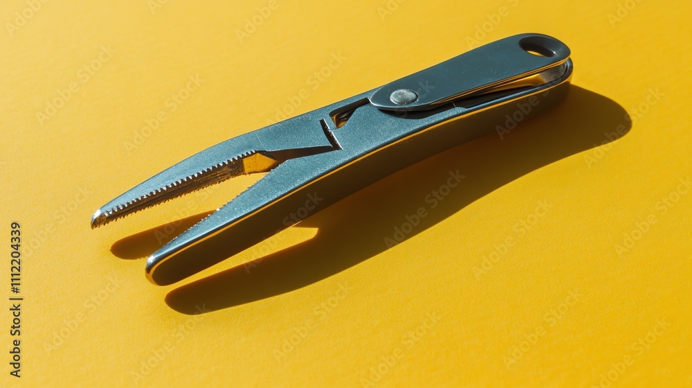 A small, silver multitool sits on a yellow surface. A small, silver multitool sits on a yellow surface.