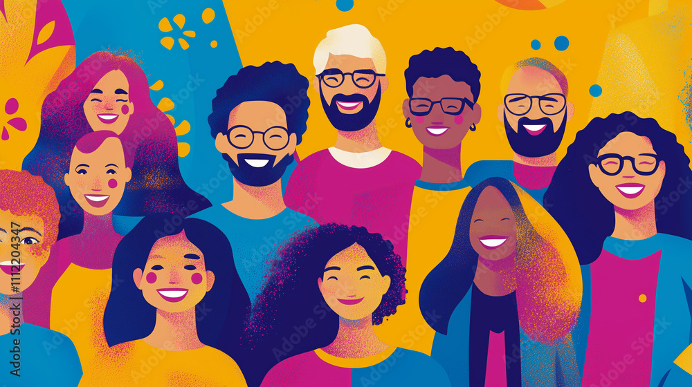 Diverse group of people smiling and enjoying together in a vibrant and colorful setting Diverse group of people smiling and enjoying together in a vibrant and colorful setting