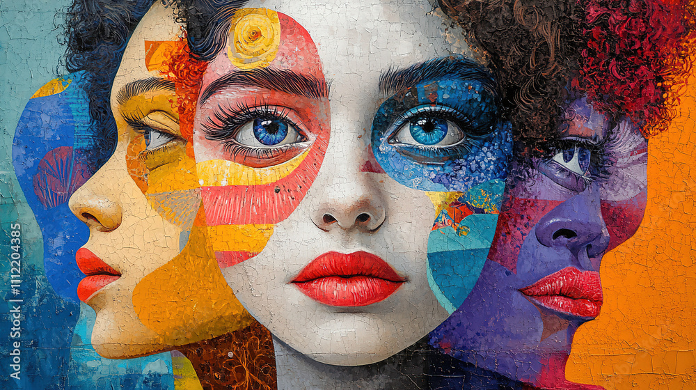 Obraz premium Colorful mural featuring three vibrant faces with distinct styles representing diverse emotions and cultural backgrounds. Generative AI