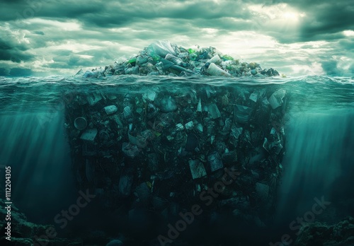 Underwater Garbage Pile: The Alarming Reality of Ocean Pollution Highlighted by a Massive Dump of Waste Rising Above the Surface Beneath Ominous Skies photo