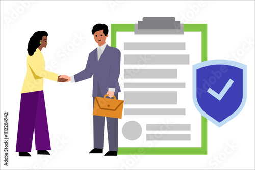 Memorandum briefing note. Man and woman shaking hands. Vector simple color flat illustration.