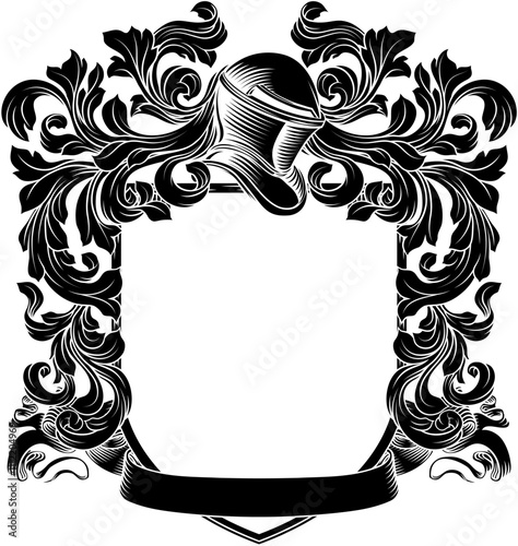 Coat of arms crest knight family medieval shield heraldry heraldic armorial motif. Featuring a knights helm helmet in a vintage etching engraving woodcut style