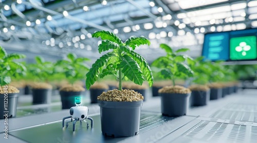 An advanced agricultural setup utilizing automated irrigation and drones for crop health monitoring, illustrating technology's role in transforming farming.