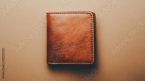 A brown leather wallet on a light brown surface.
